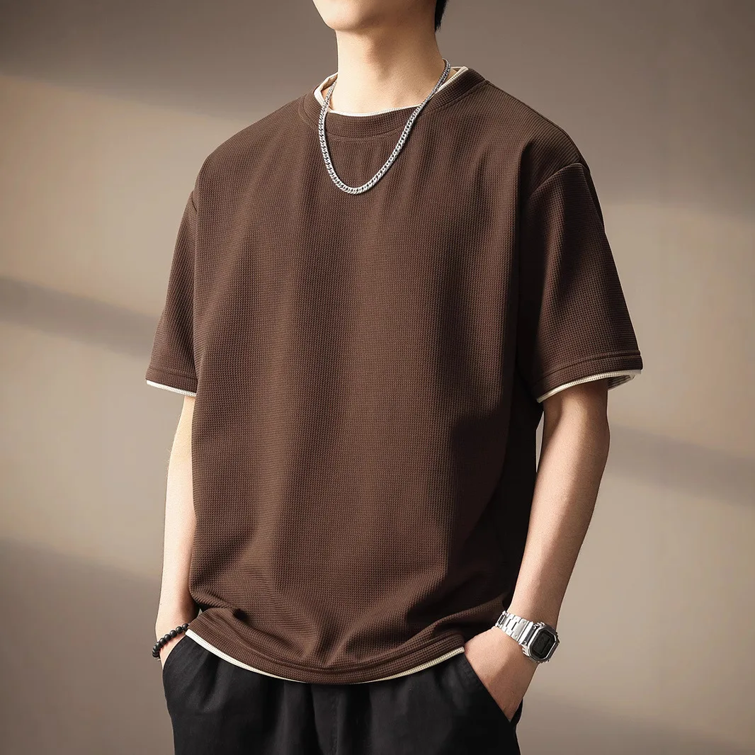 New Fashion American Style Men Brown Apricot Black White Solid Color Waffle Simple Basic Casual Loose T-shirts Male Vintage Tops