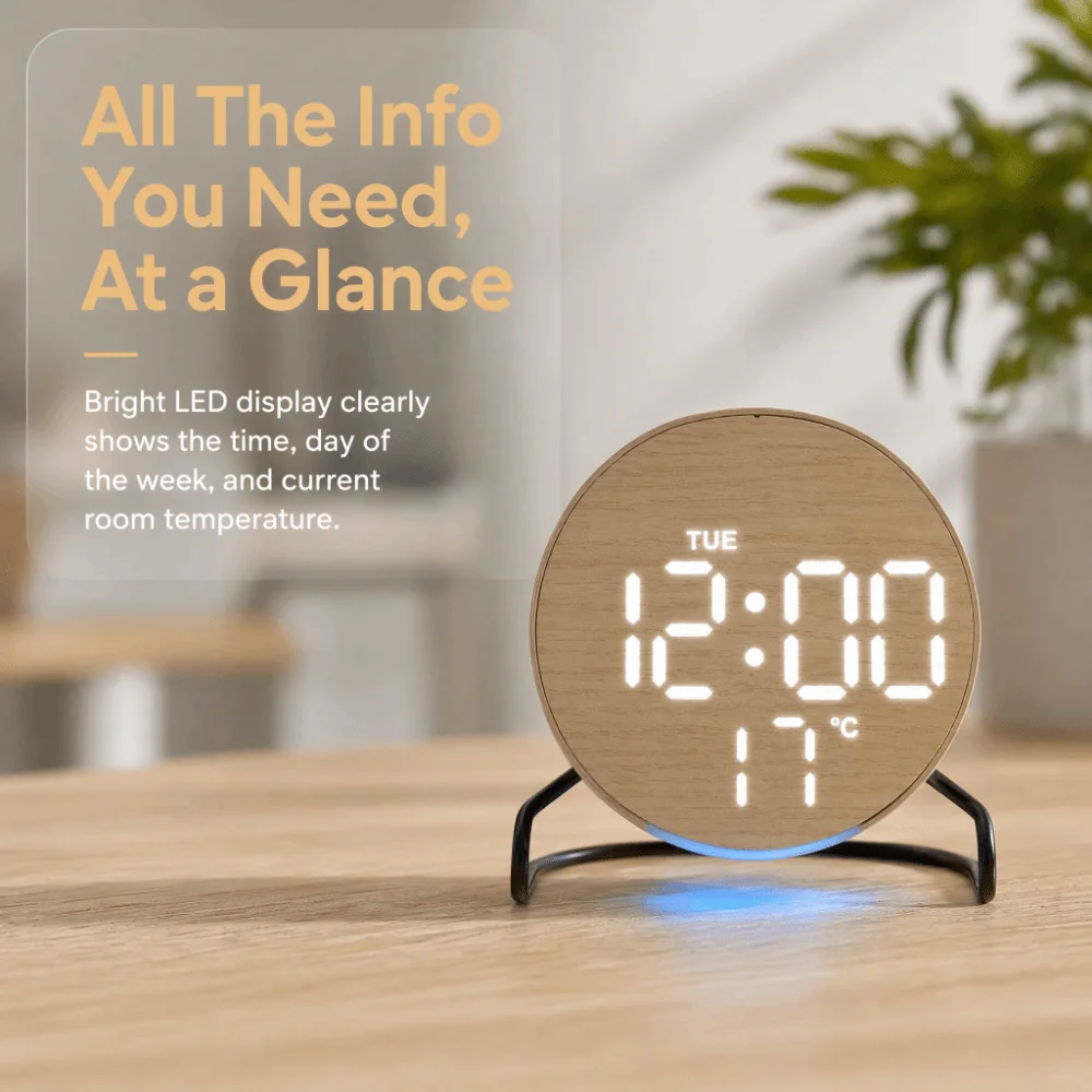 Plastic Digital LED Clock Temperature Display Round/Square Bedside Wake-up Clock Adjustable