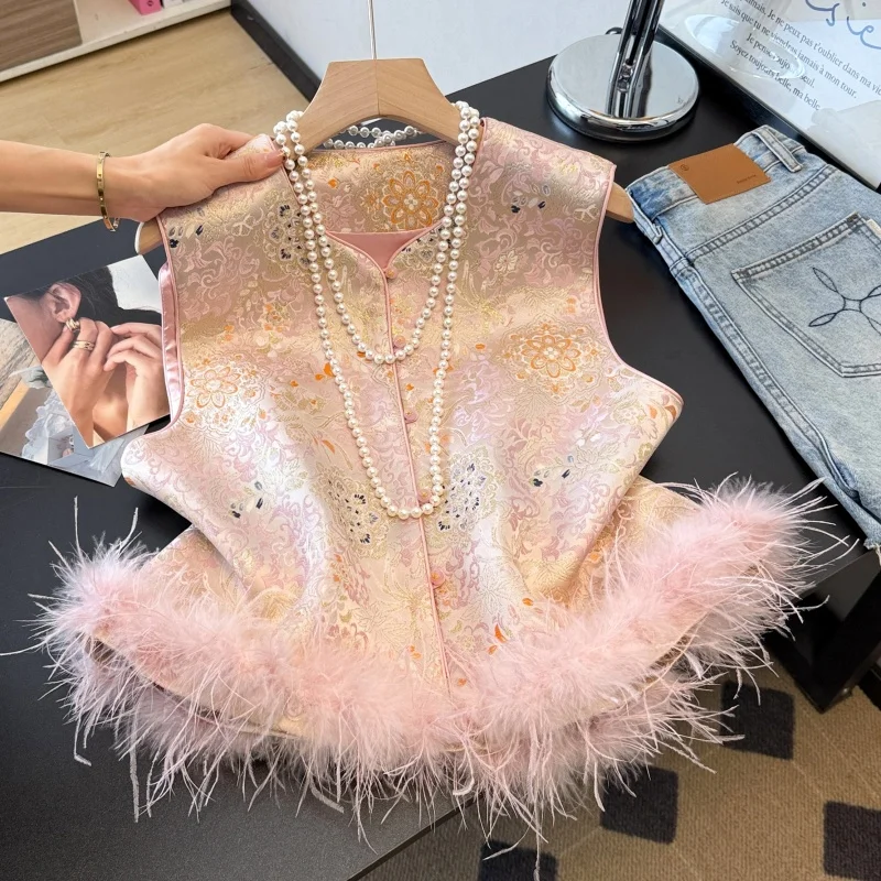 New Chinese Style Autumn Elegant Satin Embroidered Detachable Ostrich Feather Buttoned Shoulder Pad Vest Fashionable Women's ...