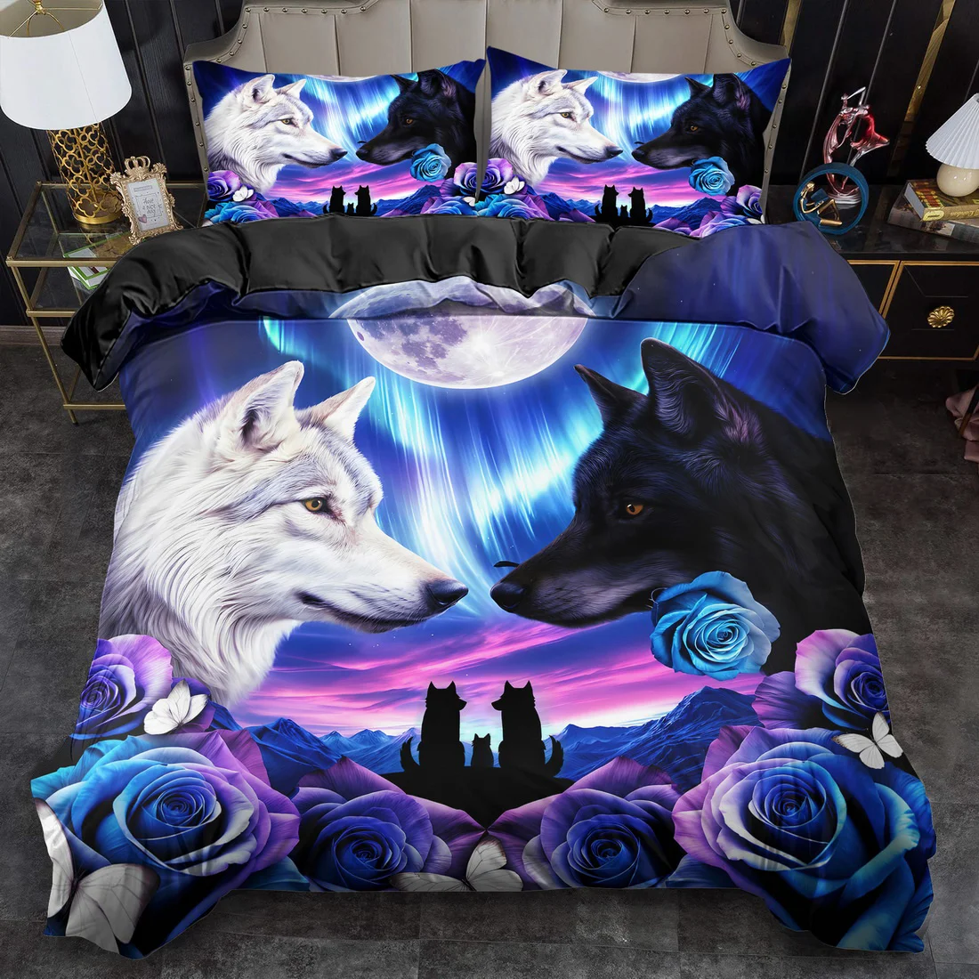 3pcs Quilt Cover Set Rose Fantasy Wolf Print Duvet Cover Set, King Queen Style Bedding, Polyester Machine Washable Birthday Gift