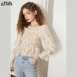 ELFSACK Short Floral Chiffon Blouses Women 2023 Spring Long Sleeve Basic Tops