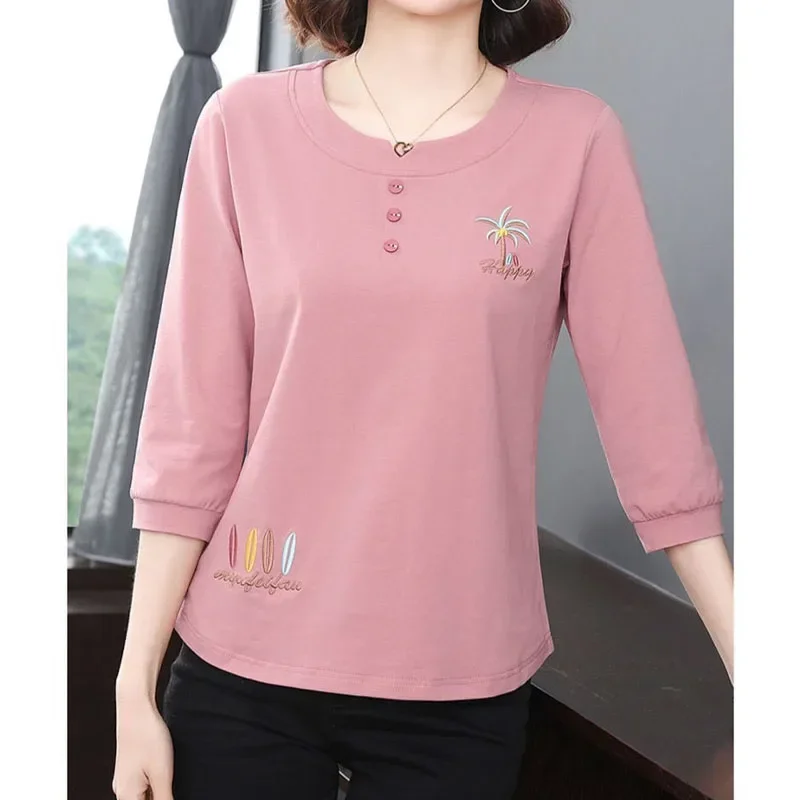 

Casual Simplicity Dyed Together 3/4 Sleeve Clothing Fashion Woman Cot-match Pendulum/neck Embroidery Patchwork T-shirt LU194