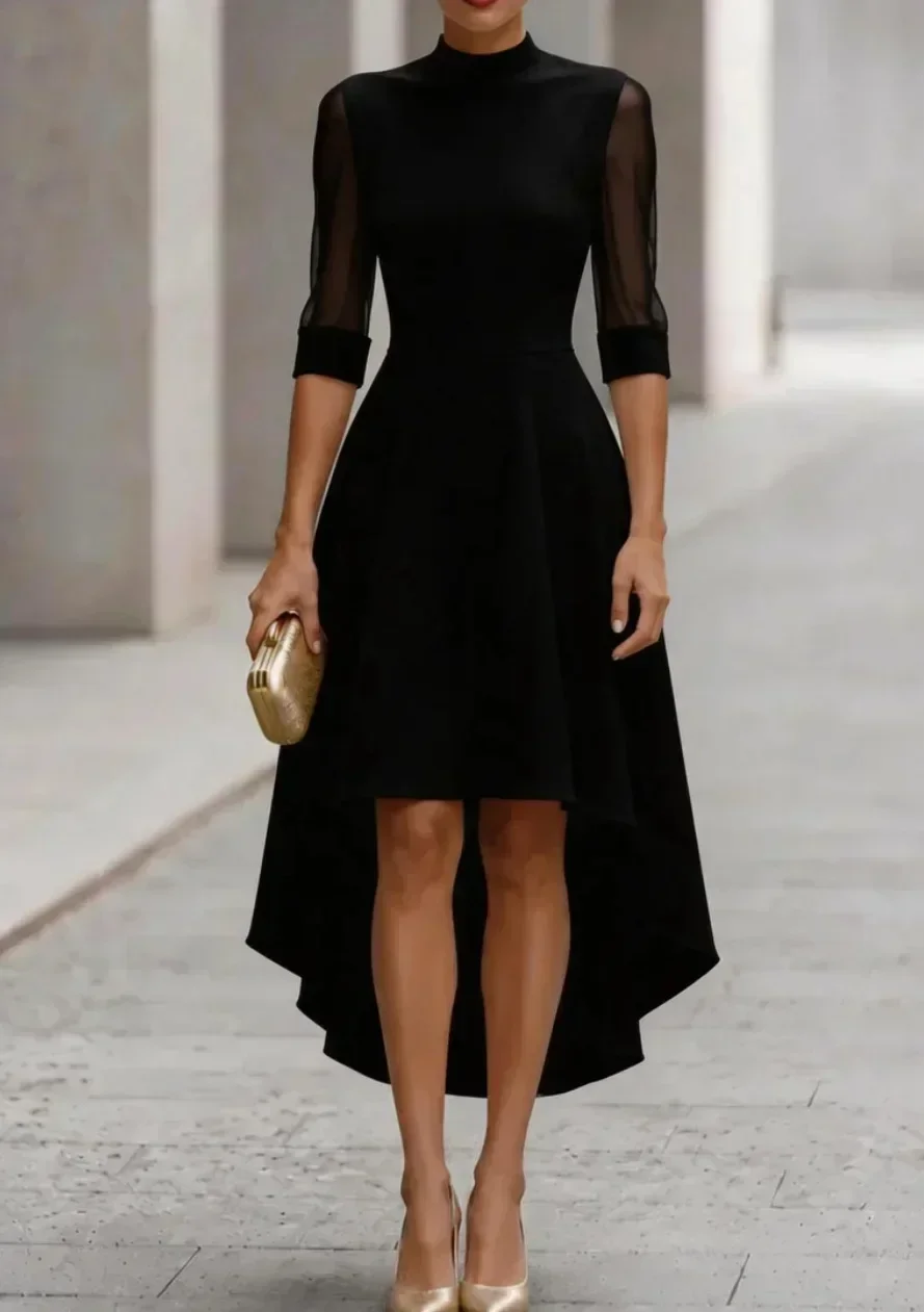 Damenkleid mit hohem Kragen, Midi-Länge, transparentem Netzstoff, 3/4-Ärmeln, asymmetrischem Saum, A-Linie, elegantes Partykleid für formelle Anlässe. – Detail 9