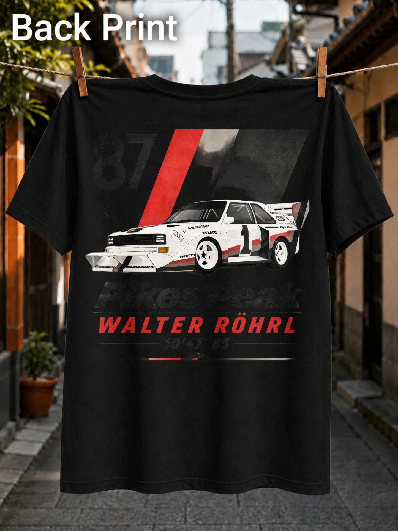 vintage Pikes Peak Walter Rohrl rally graphic with race car red stripes and 1987 styling Unisex All  Unisex All T-Shirt