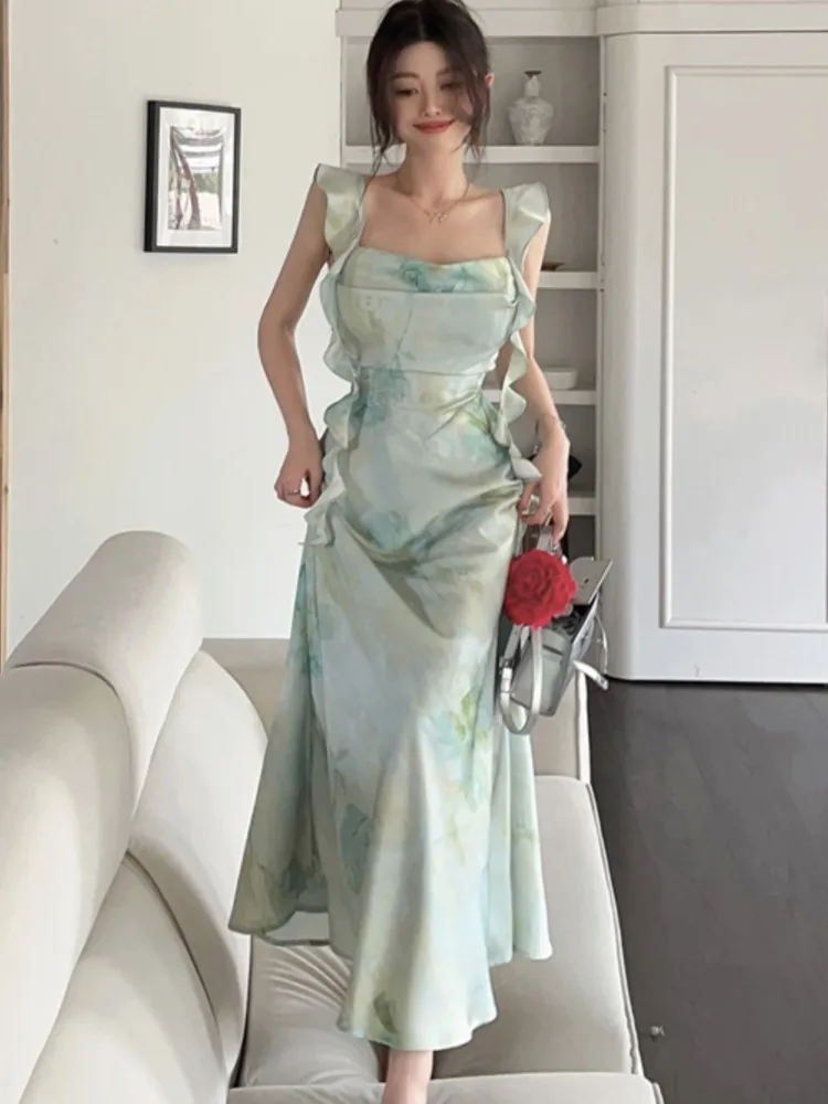 Elegante doce cetim impressão vestidos da mulher verão coreano nova moda cinta babados chique a linha festa férias praia feminino