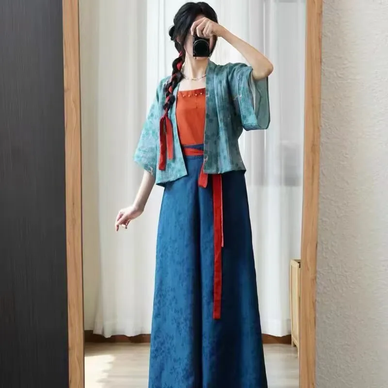 

Oversized 8XL Hanfu Dress Women Chinese Style Hanfu Suits Summer Blue Cardigan Camisole Skirt 3pcs Hanfu Dress Plus Size 5XL