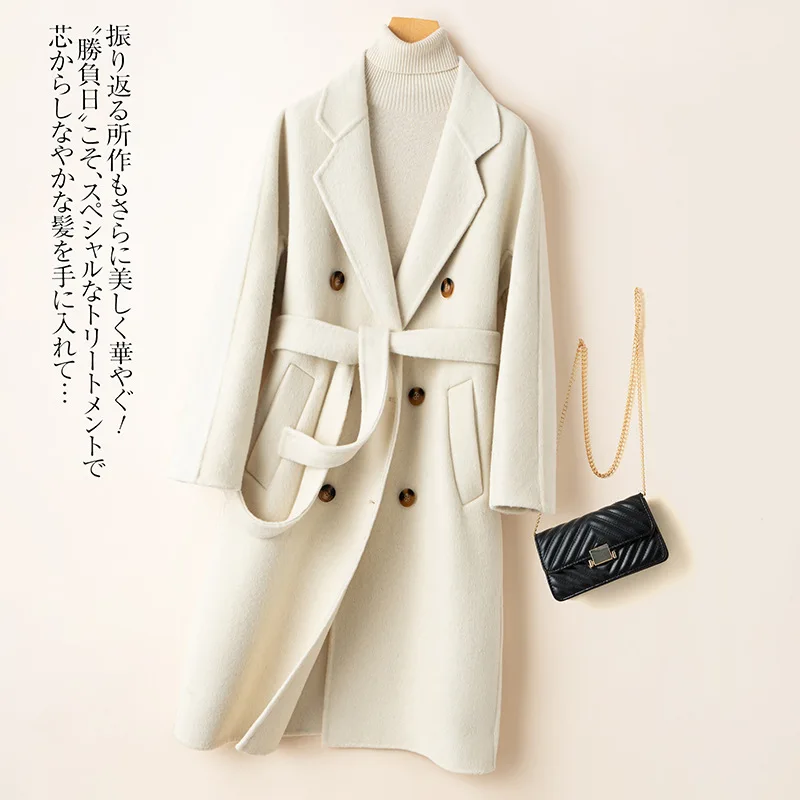 High Quality Double Sided 100% Wool Coat Women Long Double Breasted Elegant Loose Cashmere Winter Jacket