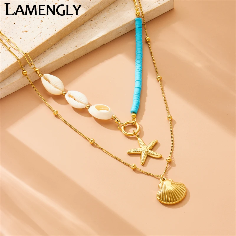 LAMENGLY 316l Stainless Steel Creative Double Chain Shell Starfish Combination Pendant Necklace Women Vacation Style Necklace