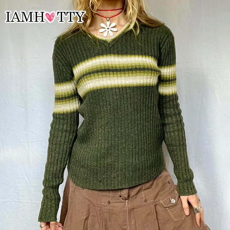 

IAMHOTTY Vintage Contrast Striped Sweater Pullover Women's Slim-fitting V-neck Knitting Tops Preppy Style Knitwear Fall Winter