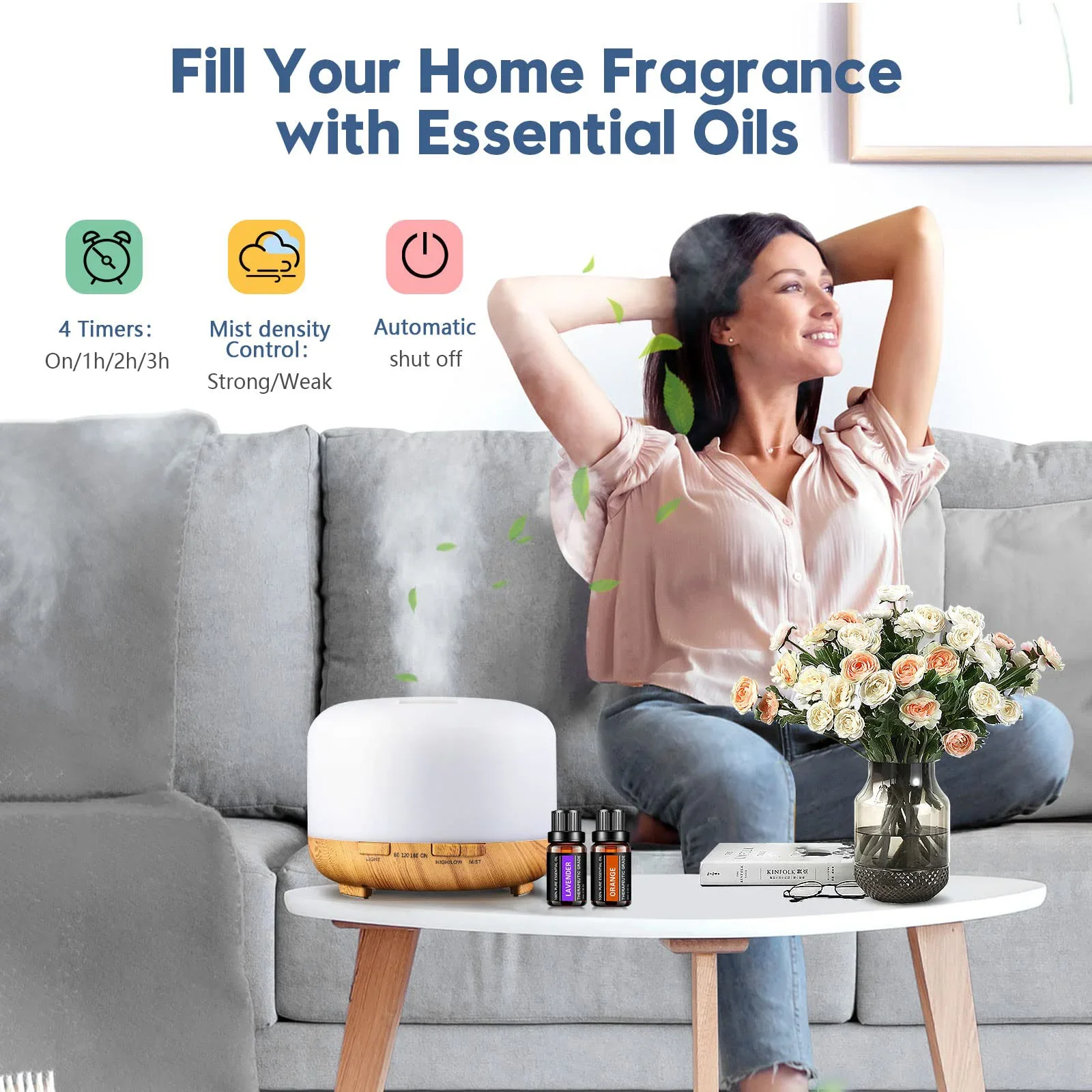 500ML 아로마 디퓨저(6가지 오일 옵션), 5V 2A 에센셜 오일 아로마테라피 디퓨저 가습기(리모컨 포함)
