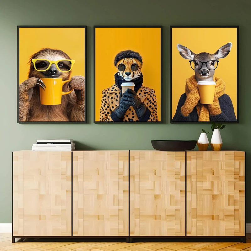 Modern Winter Animals Drinking Milk Tea Coffee Poster Moose Highland Cow Jaguar Canvas Painting Funny Wall Art Room Home Decor