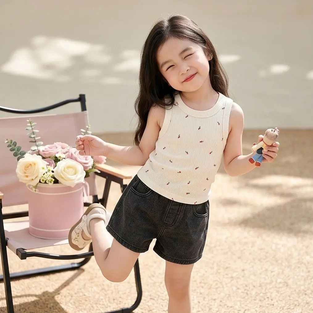 

New Summer Girls 2026 Three Color Elastic Ribbed Print Floral Heart Sleeveless Stylish Versatile Casual Vest