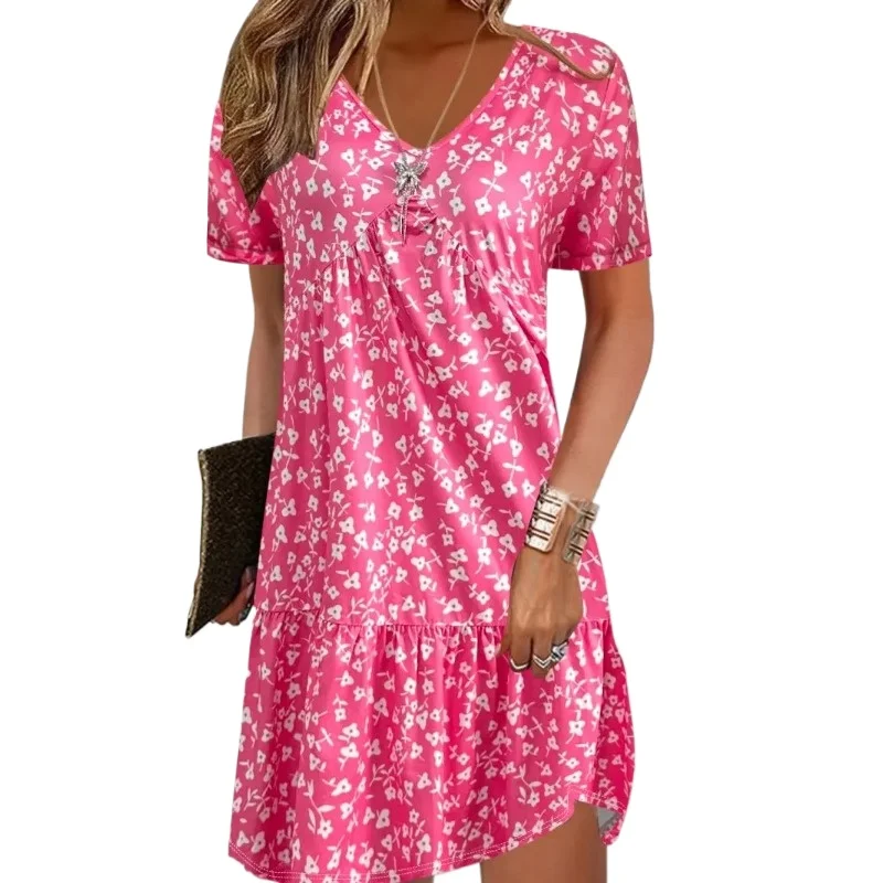 Simple Fashion Women's V-neck Dress Striped Print Women's Dress Summer Loose Comfortable Slit Women's Short-sleeved Dress