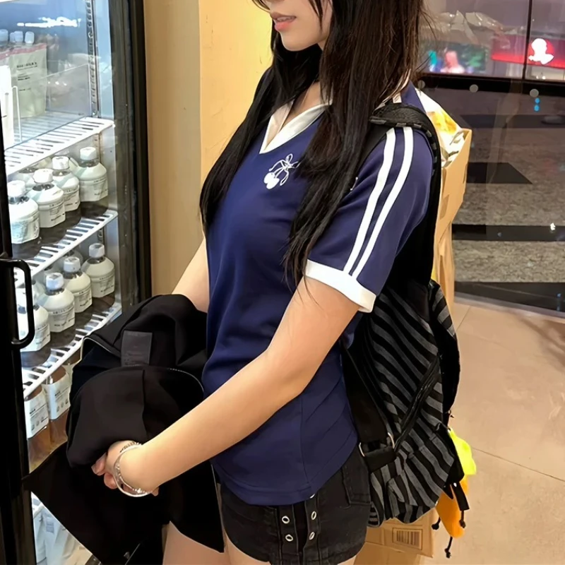 Deeptown Vintage Embroidery Women T-Shirts Striped Short Sleeve American Style Polo Neck Tees Slim Preppy Gyaru Summer Youthful