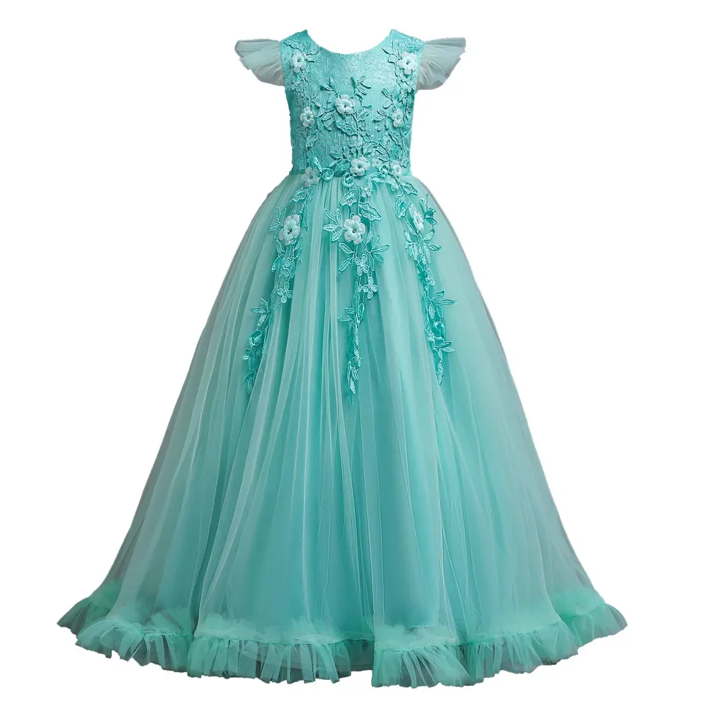 5-14 Years Green Burgundy Flower Girl Dresses Tulle Lace Long Princess Party Pageant Dresses for Girls Vestidos Para Niñas