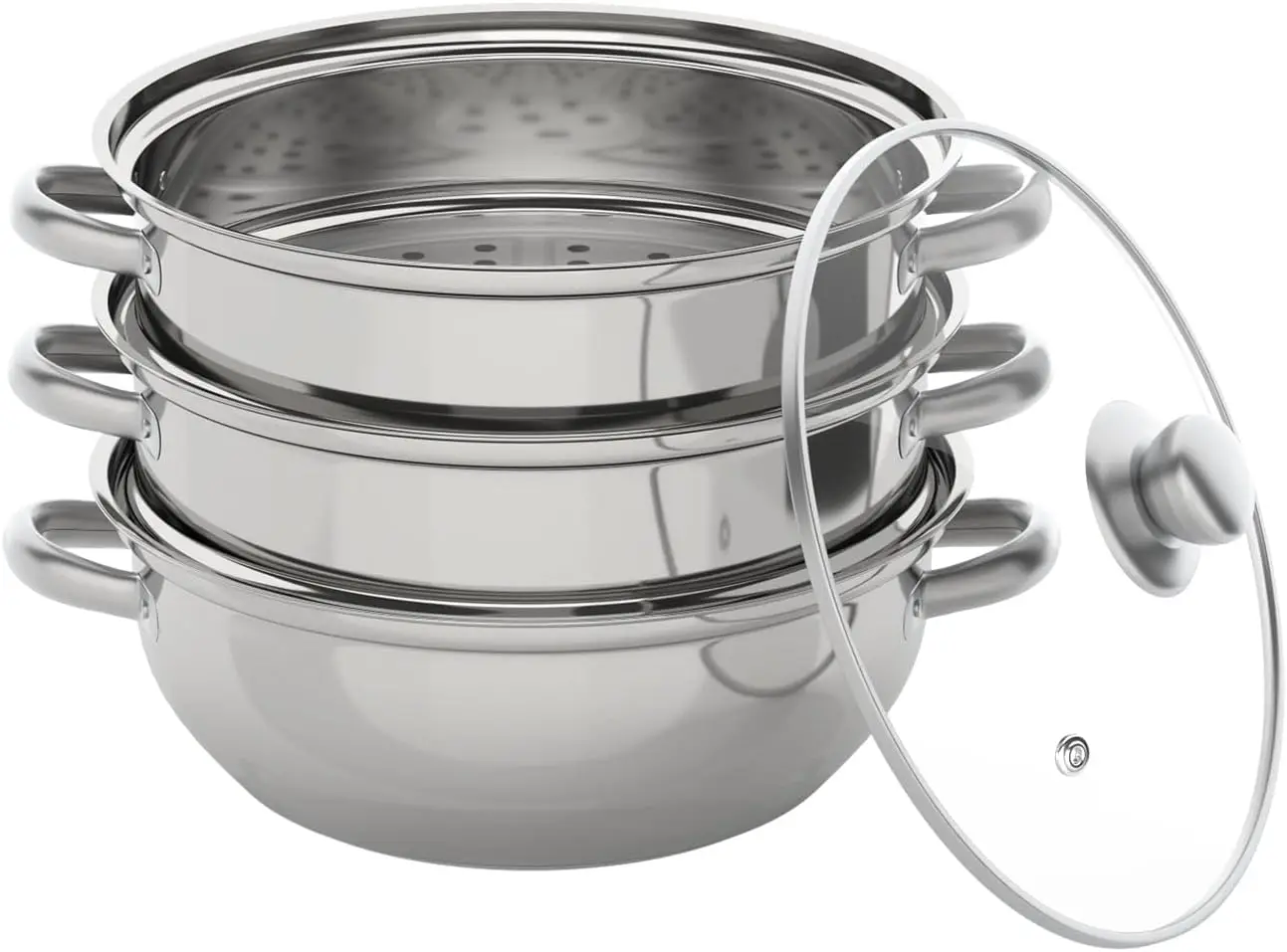 

3 Tier Stainless Steel Steam Cooker Stainless Steel Cooking Pot with Glass Lid Versatile Kitchen Utensil Stack and Steam Pot Set
