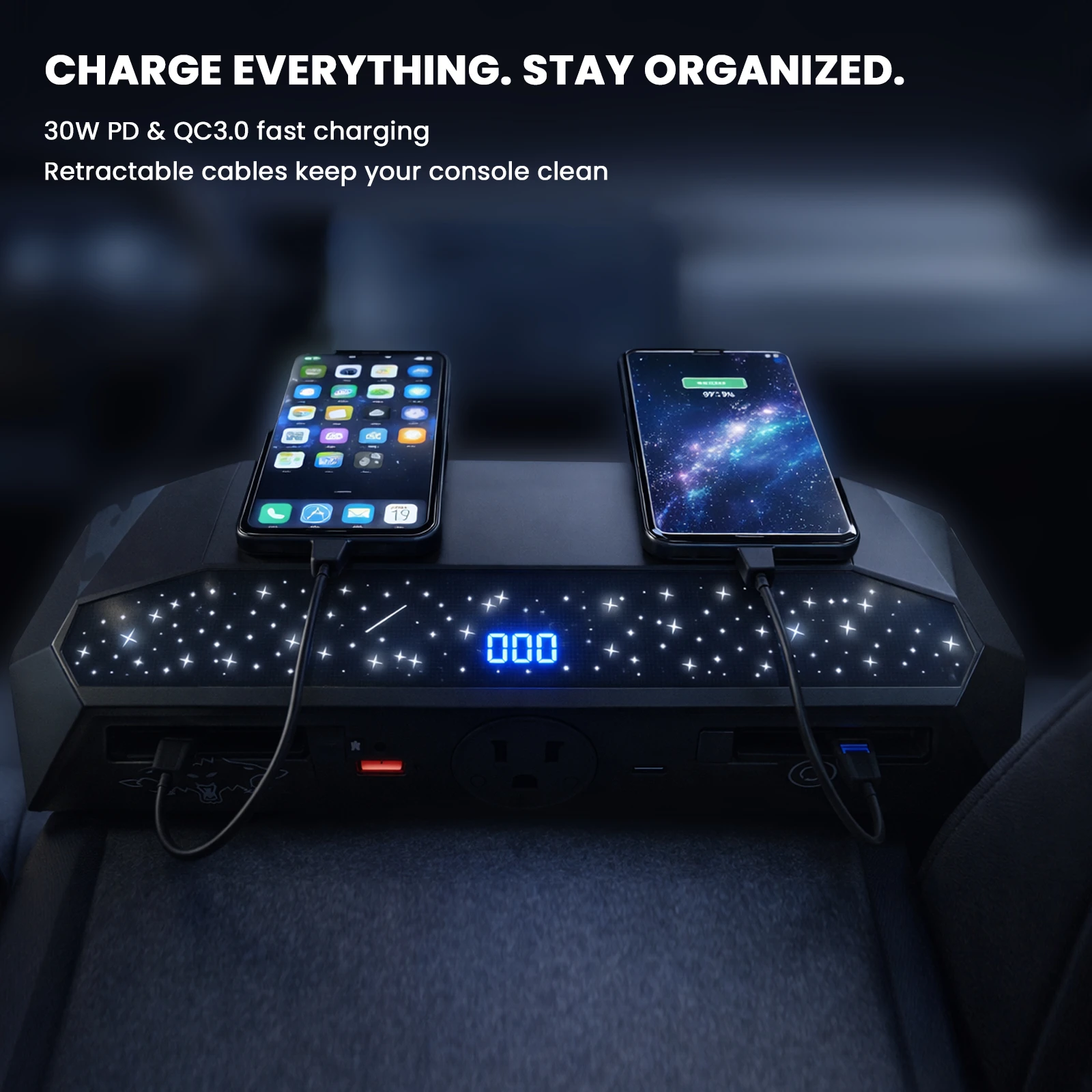 Center Console USB Hub for Tesla Cybertruck 2024+ Docking Station with 110V AC Outlet Retractable Type-C Cable 30W Fast Charger