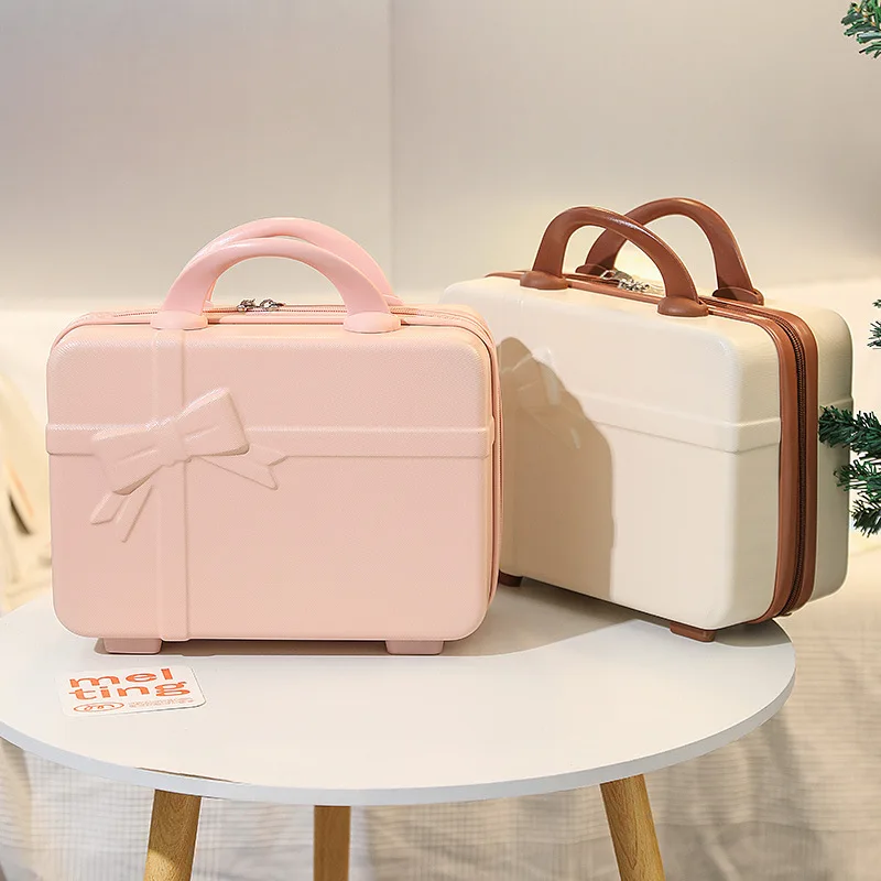 14 Inch Mini Suitcase Women Cute Cosmetic Case Female Vintage Bow Tie Zipper Storage Gift Box Girls Travel Luggage Organizer Bag