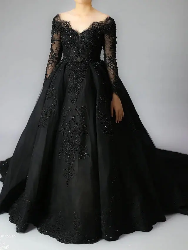 Black Princess Ball Gown Wedding Dress Sweep Brush Court Train Lace Long Sleeve Tulle V-Neck Sexy Birthday Party Evening Dress