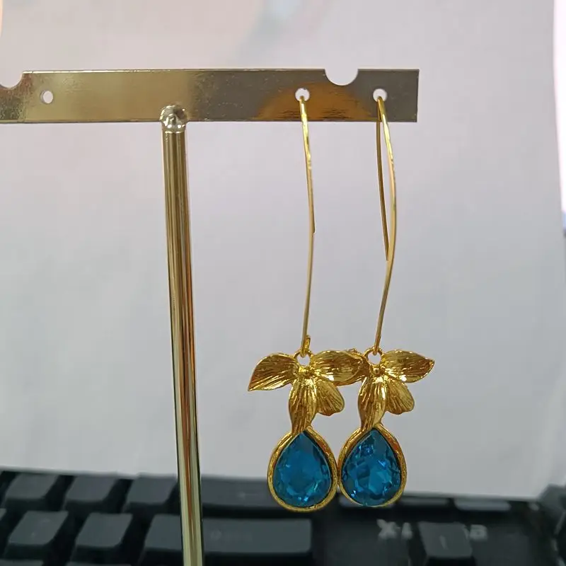 Fashion Yellow Gold Color Flower Water Drop Earring Shiny Blue Earrings for Women Engagement Wedding Anniversary Gift