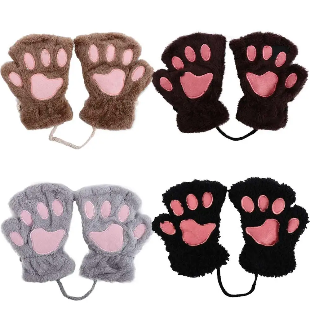 น่ารักน่ารักยี่ห้อใหม่ Fluffy Cat Multi-สี WARM Soft Plush ฤดูหนาว Bear PAW Fingerless ถุงมือ