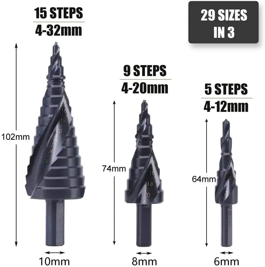For Metal Cone Triangle Shank Hole Metal drills 3PCS 4-32mm HSS Cobalt Step Drill Bit Set Nitrogen High Speed Steel Spiral
