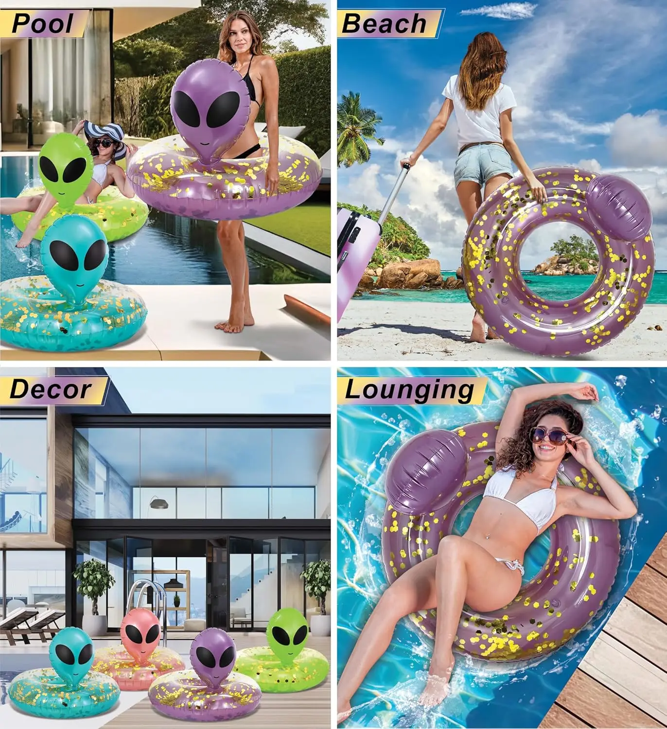 Tubo flotante inflable para piscina alienígena, vinilo resistente a los rayos UV, confeti para piscina, flotador de alienígena, flotador de piscina fresco, anillo de natación para piscina inflado
