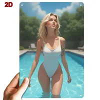 Retro Metal Tin Sign 8x12 Inch Vintage Wall Art, Bikini Girl Poolside Iron Poster For Bar Cafe Bedroom Decor