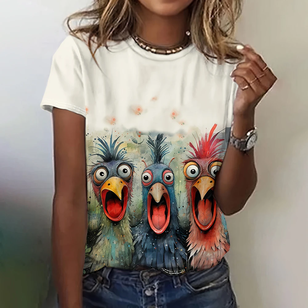 Desenhos animados 3D feminino com estampa Animal Camisetas, casual Streetwear solto, mangas curtas T-shirt, tops roupas femininas engraçadas,