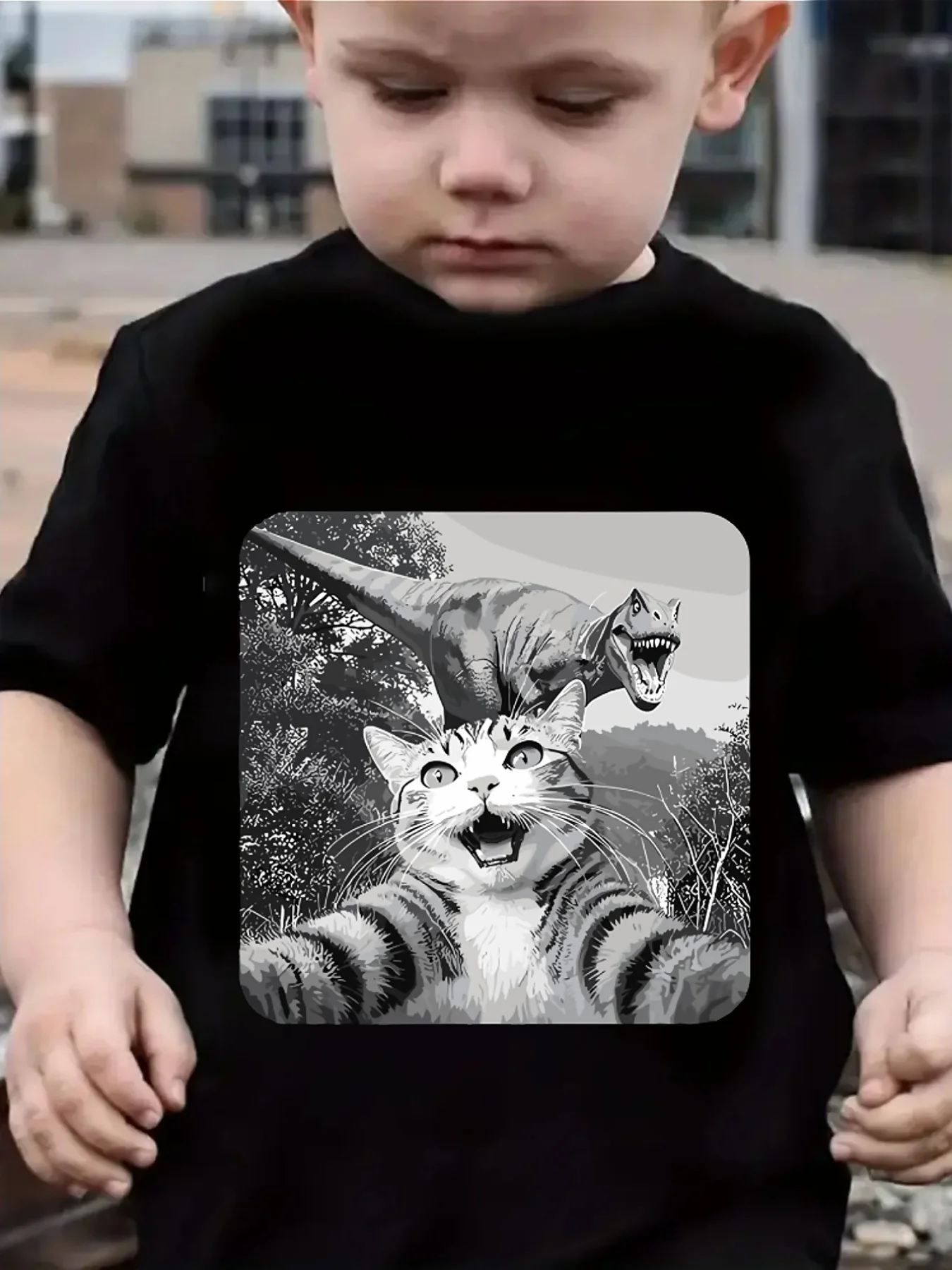Lovely Funny Kitten And Tyrannosaurus Rex Graphic Family Matching T Shirts Boys Girls Parent Child Daily Wear Cotton Tops