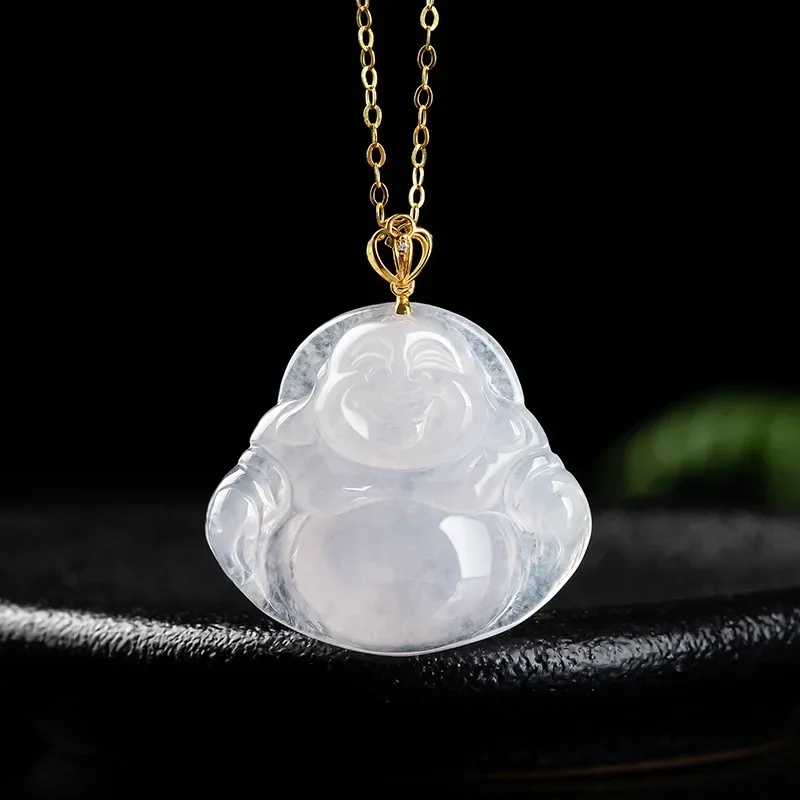 

Natural Myanmar A Jadeite Buddha Pendant 18K Gold Inlaid With Ice Jade Charms Female Jewelry Direct Wholesale Drop Shipping