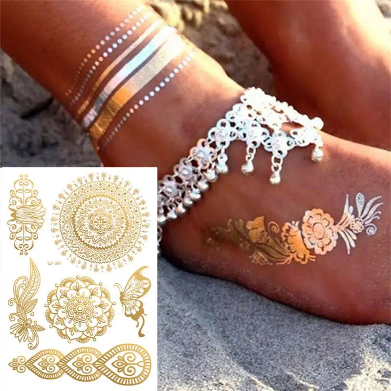 Realistic Elephant Moon Temporary Tattoos For Women Adult Fake Butterfly Lace Mandala Tattoo Sticker Gold Waterproof Chest Tatoo