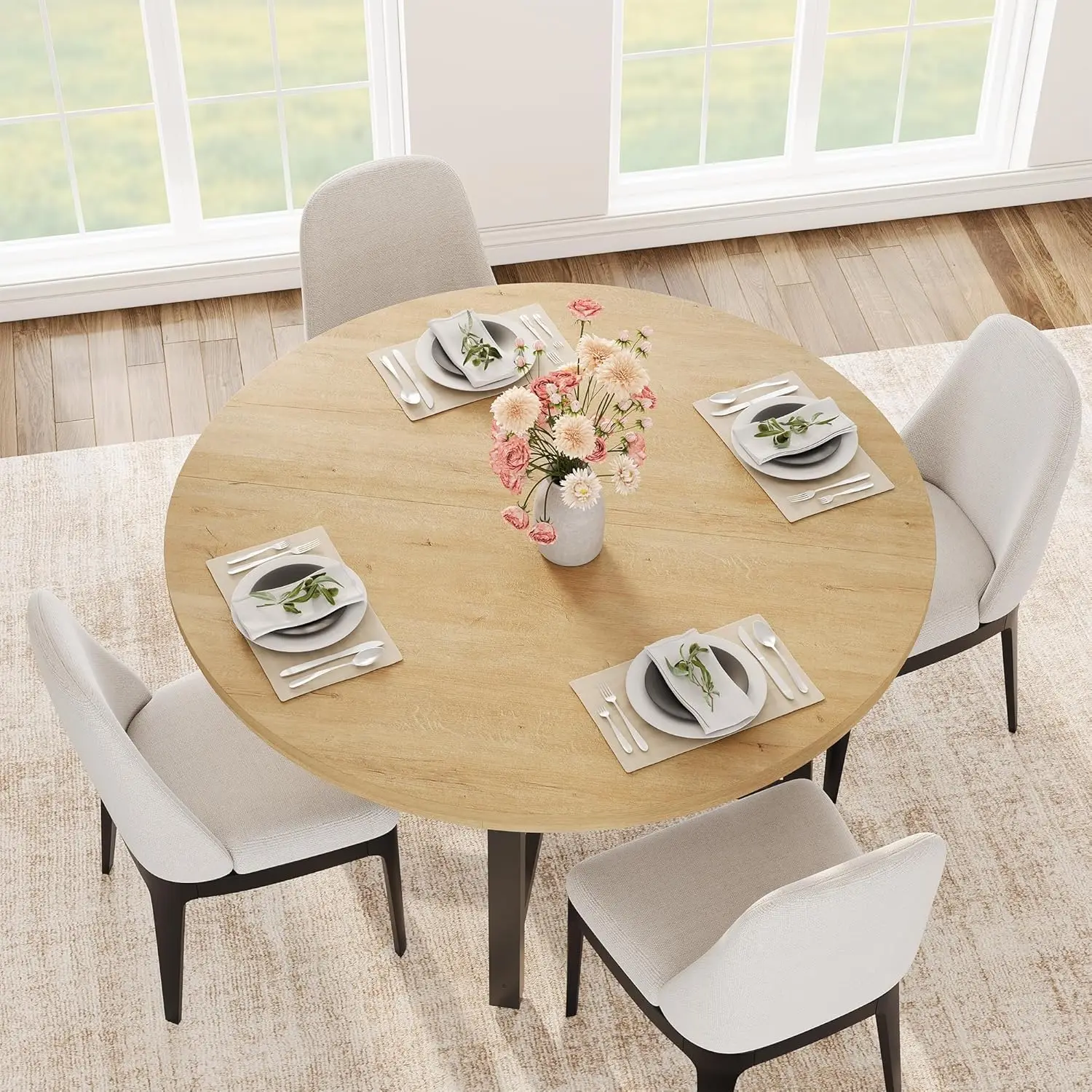 Garvee Industrieller Tisch für 4-6 Personen: Natürlicher 120 cm runder Esstisch, platzsparender Küchentisch mit robustem Außenrahmen für Esszimmer, Lounge, Zuhause, Café, Bistro, Möbel und