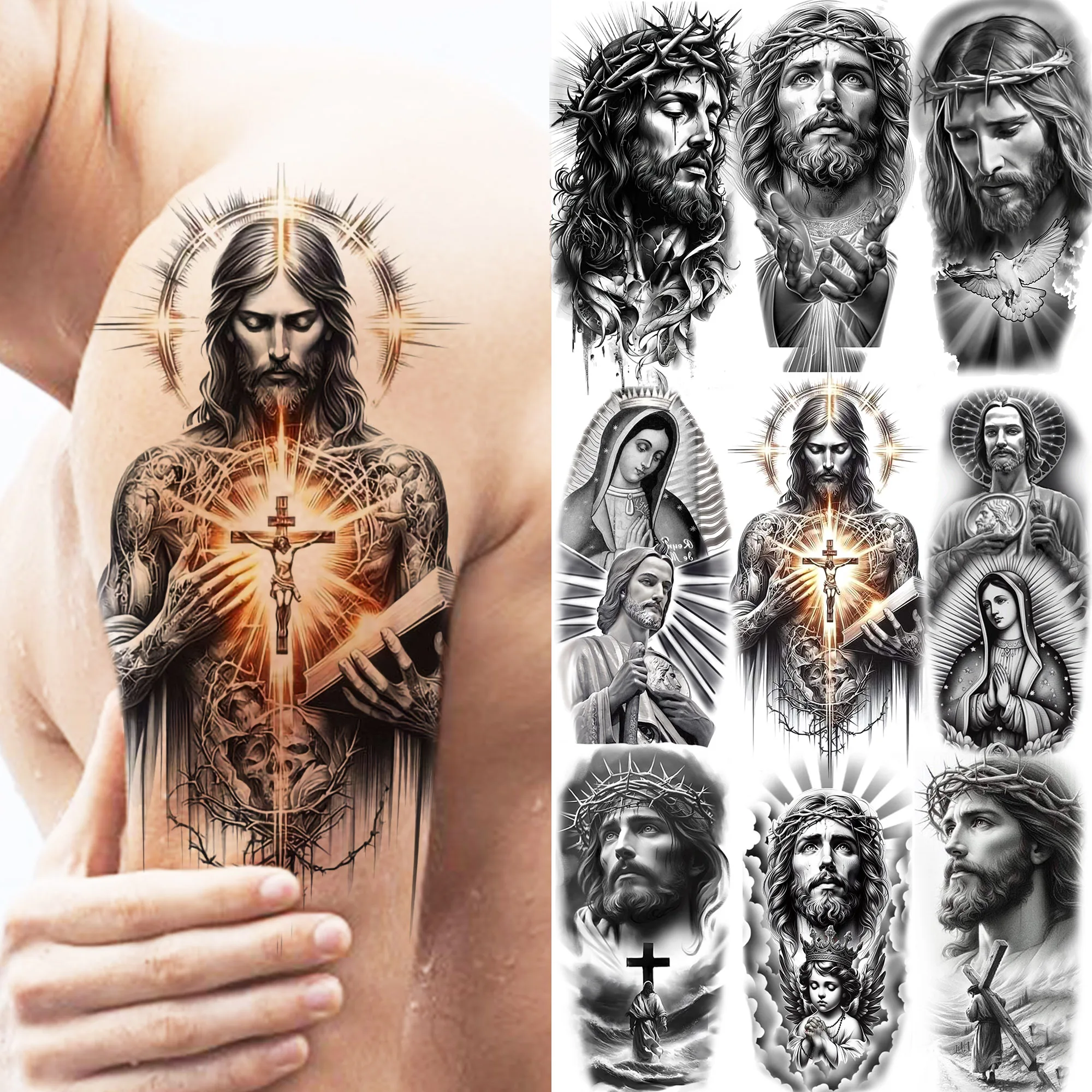 

1 Sheet Christian Faith Jesus Temporary Tattoos Holy Virgin Mary Pray Waterproof Realistic 3D Fake Tattoos Long Lasting Stickers