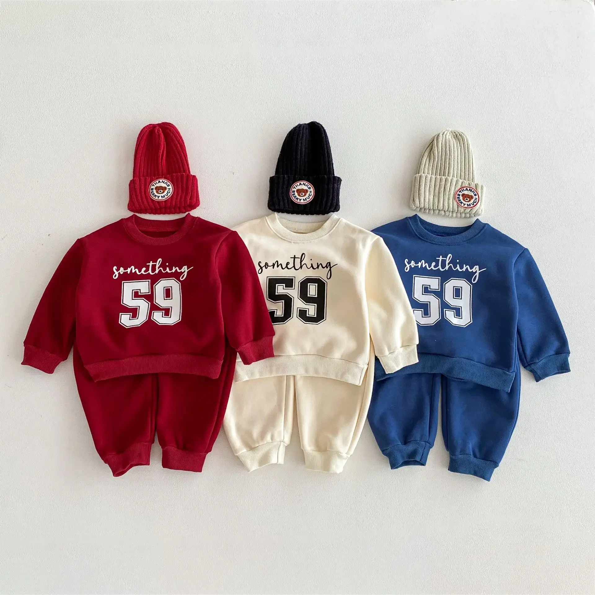 

2025 Winter New Korean Style Kids Set Tracksuit for Boy Girl Number Letter Print Fleece Lined Thickened Warm 2Pcs Outfit