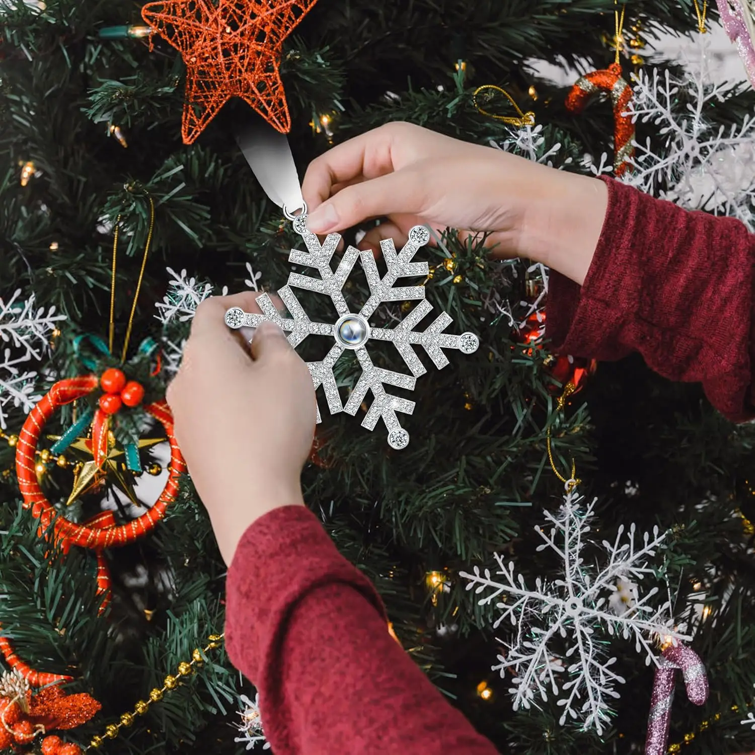 زخرفة صور مخصصة لشجرة عيد الميلاد زخرفة عيد الميلاد الشخصية مع صورة ندفة الثلج قلادة الإسقاط هدية تذكارية #4