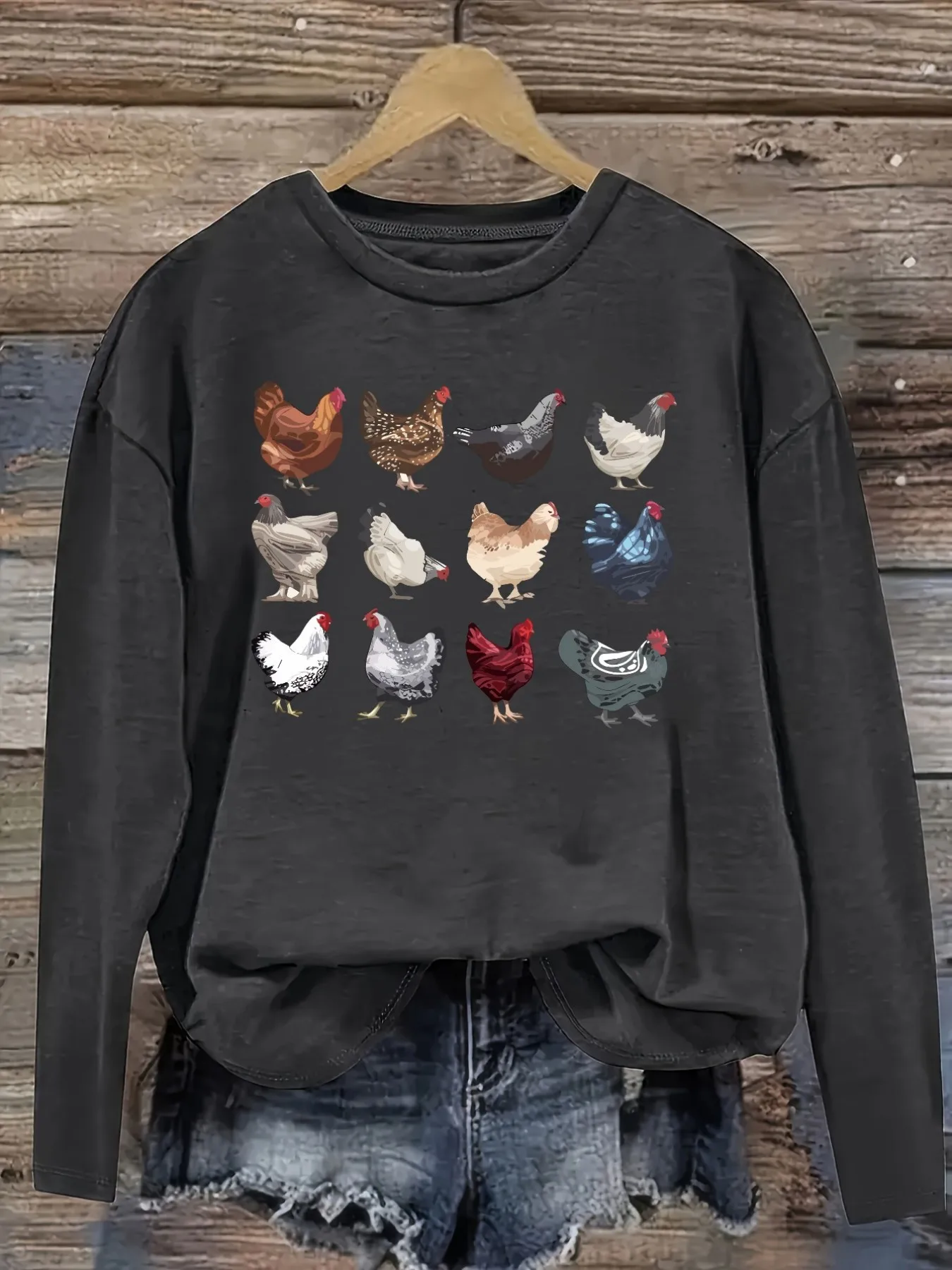 Women's Casual Long Sleeve Crew Neck T-Shirt Colorful Chicken Breed Illustration Print Design, Round Neck Women's Clothing, Machine Washable, Slightly Elastic, Loose Fit, Spring Autumn Winter Women's T-Shirt, Halloween Costume Outfit view 2