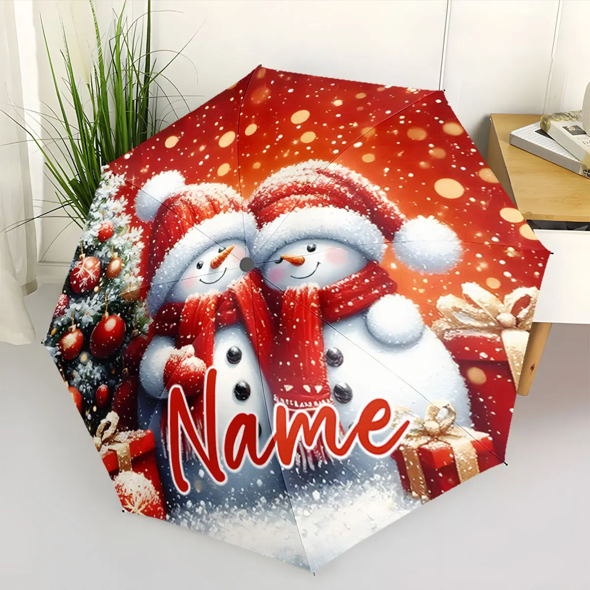 Custom Name Festive Snowman Umbrella for Christmas Season Print 8 Iron Ribs Folding Umbrella, Auto-Open Fashion Sunshade
