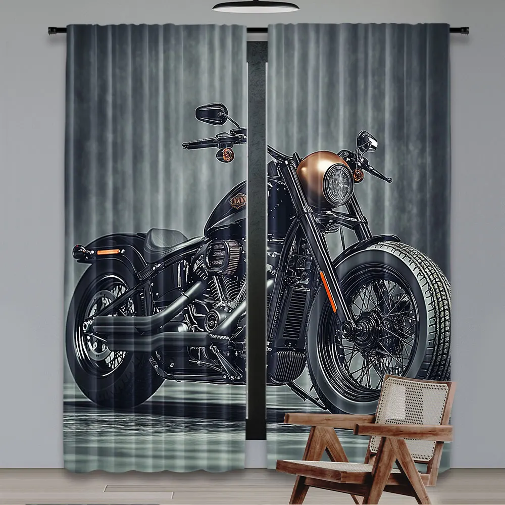 2Pcs Vintage Motorcycle Curtain Cool Classic Motorbike Home Decor Suitable For Bedroom Bathroom Living Room Dining Room Study