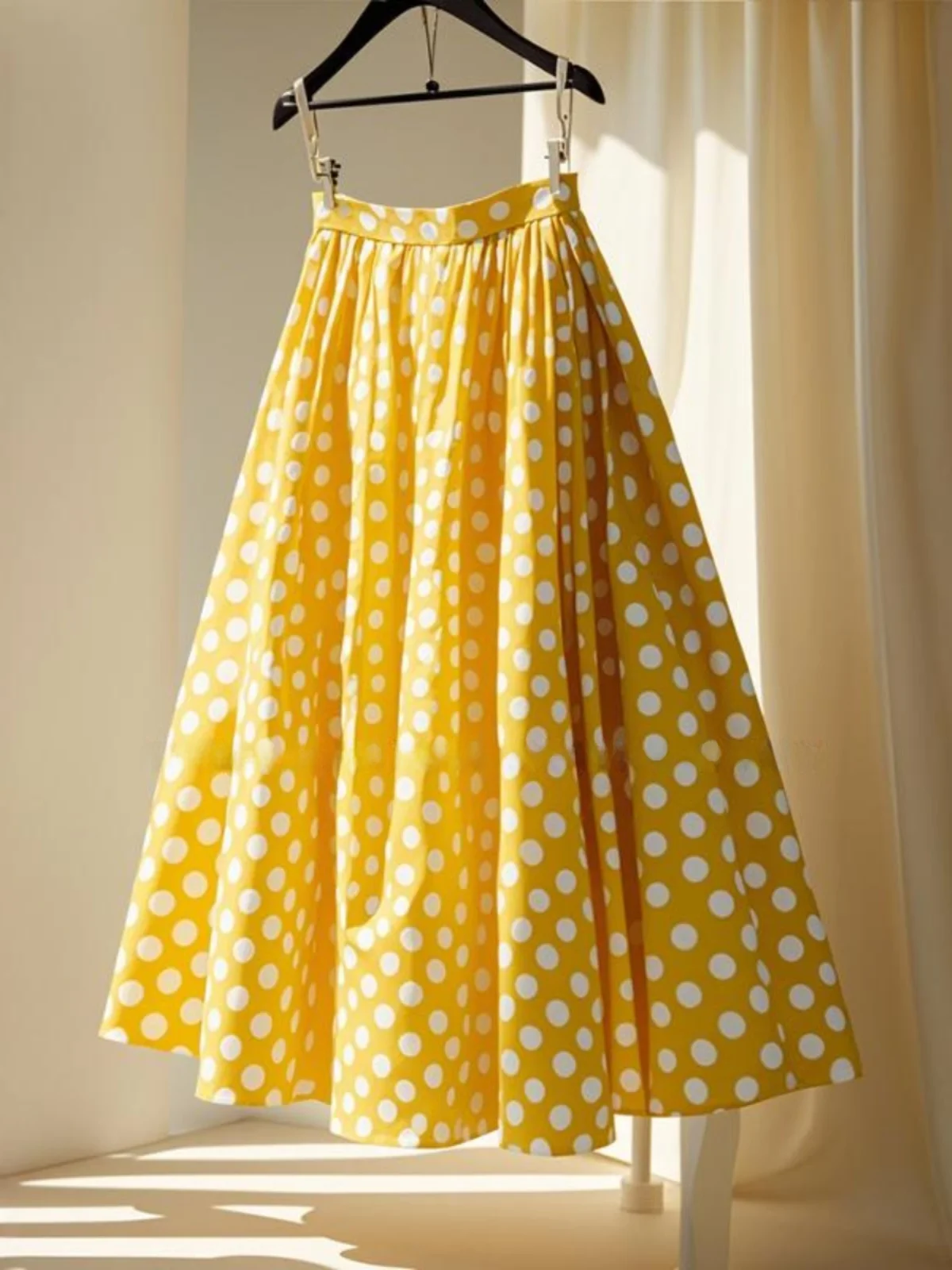 Unique Yellow Polka Dot A-Line Skirt High Waist Draped Sensation Fairy Tale Forest Style Small Size Slimming Autumn Fashion