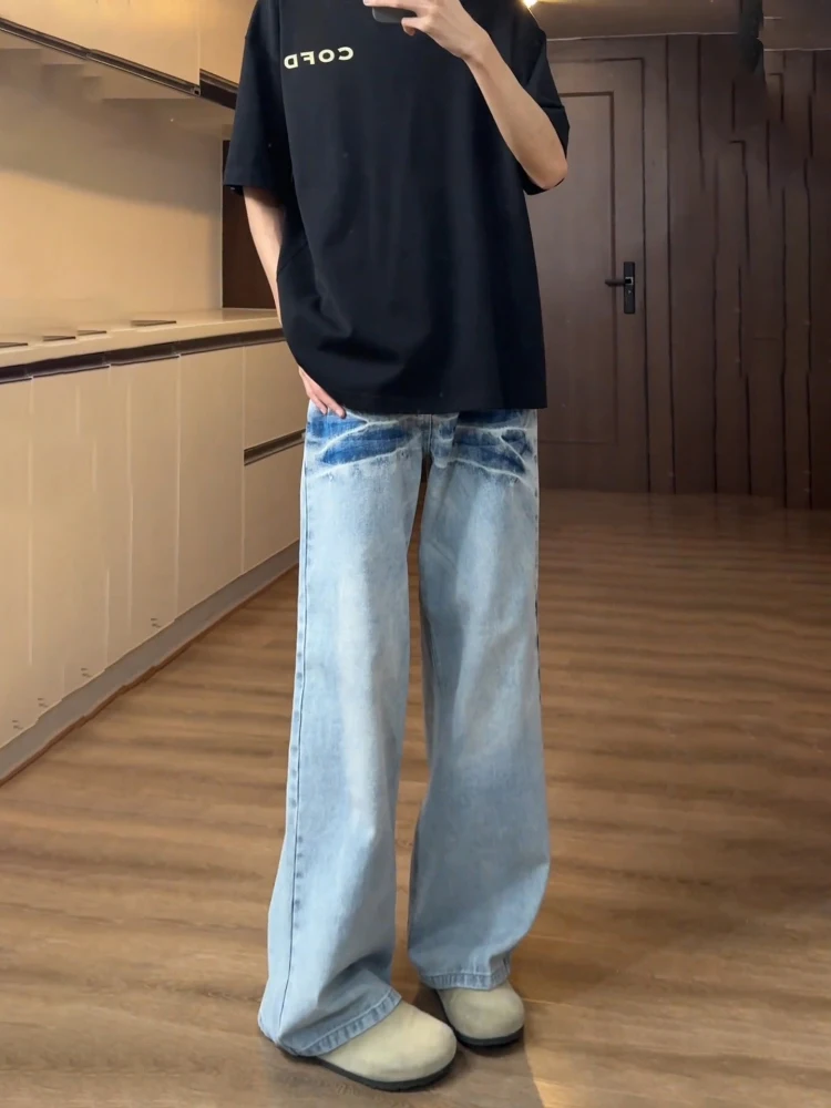 

Ice Blue Lightning Pattern Men's Jeans High Street Spring Clean Fit Straight Leg Micro Flare Pants Youth Trendy Wear Resistant