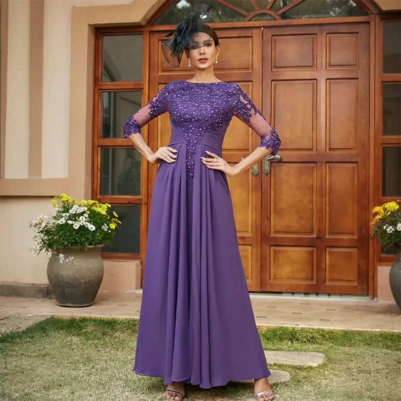 

Purple Mother Of The Bride Gowns Three-quarter Sleeves Appliqued Lace Beaded Chiffon Mother's Dress Mum of The Groom Dress Gowns