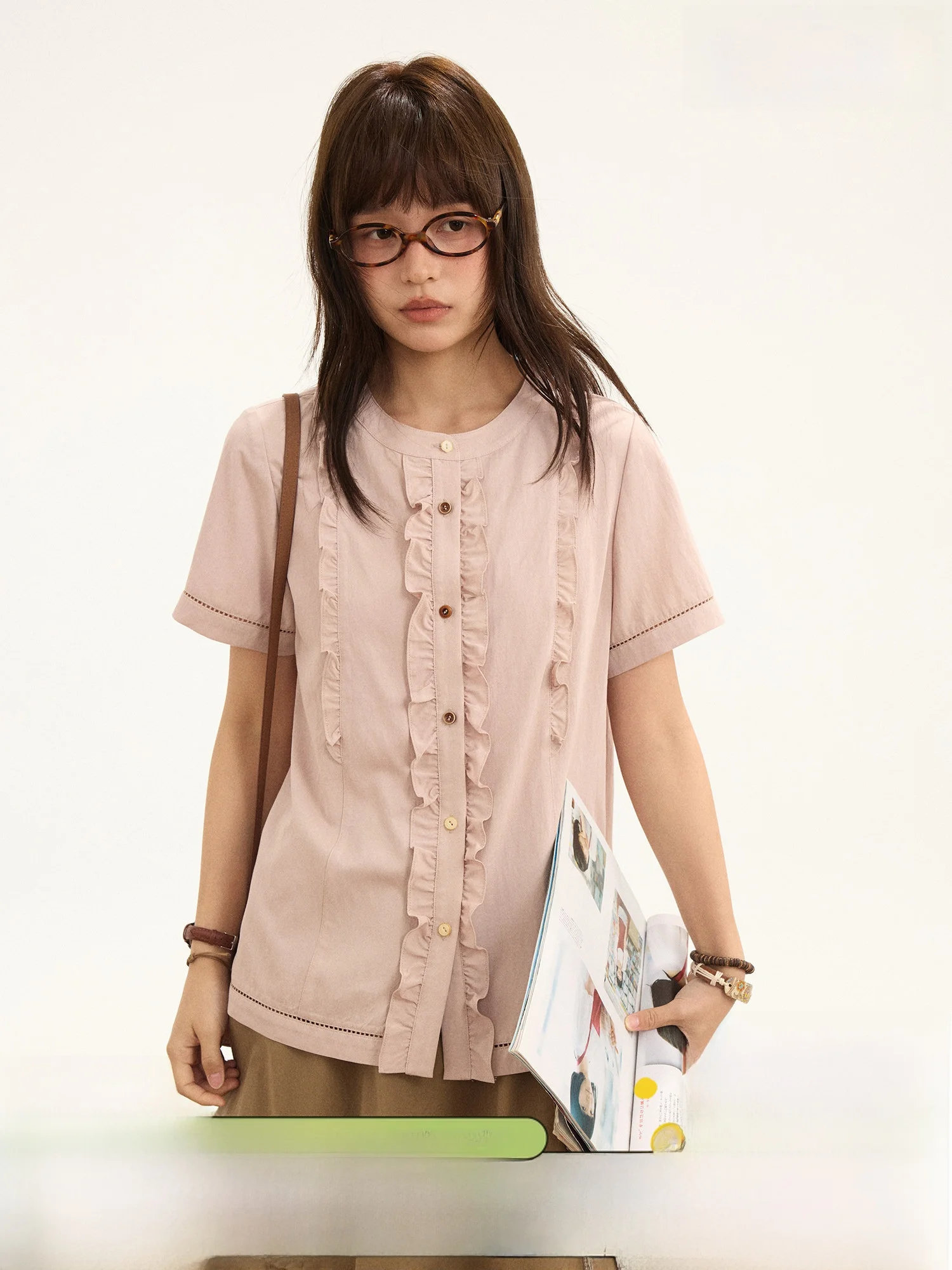 

Retro Texture Color Block Wood Grain Casual Short Sleeve Shirt New Arrival Breathable Loose Fit round Neck Polyester Blend