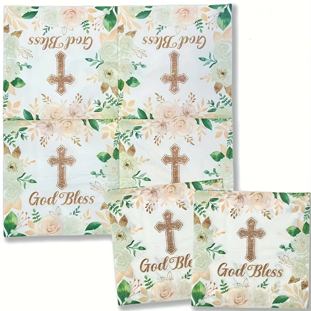 24Pcs/48Pcs Party Napkins Cross Napkins, Green Leaves, Flowers, Golden Cross, Baptism, Blessing, Letter Patterns, Birthday, Baptism, Worship, Blessing, Party Napkins, Thanksgiving, Halloween, New Year, Wedding, Baptism, Anniversary, Celebration, Celebration, Gathering, Event, Restaurant, Tableware, Decorative Napkins, Daily Use and Cleaning Supplies