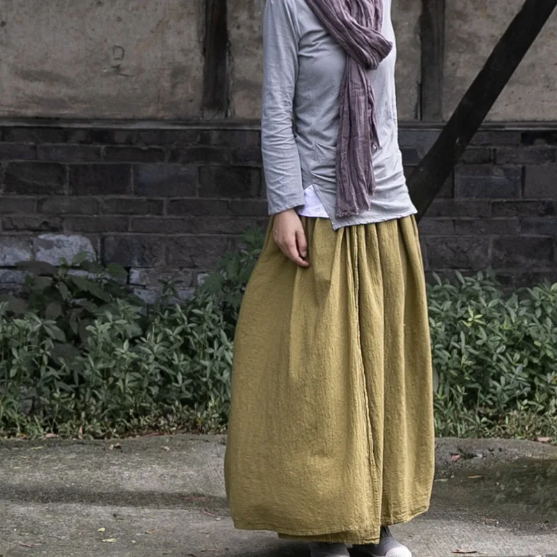 

Spring and Autumn pendulum literary skirt Autumn tea double-layer warm sand wash cotton and linen pieced skirt fashion leisure s