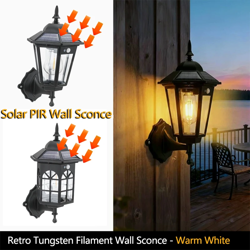 1 Lámpara Solar Retro de Pared con Filamento de Tungsteno, Lámpara de Jardín Impermeable, Luz LED Exterior para Caminos, Pasillos y Patios