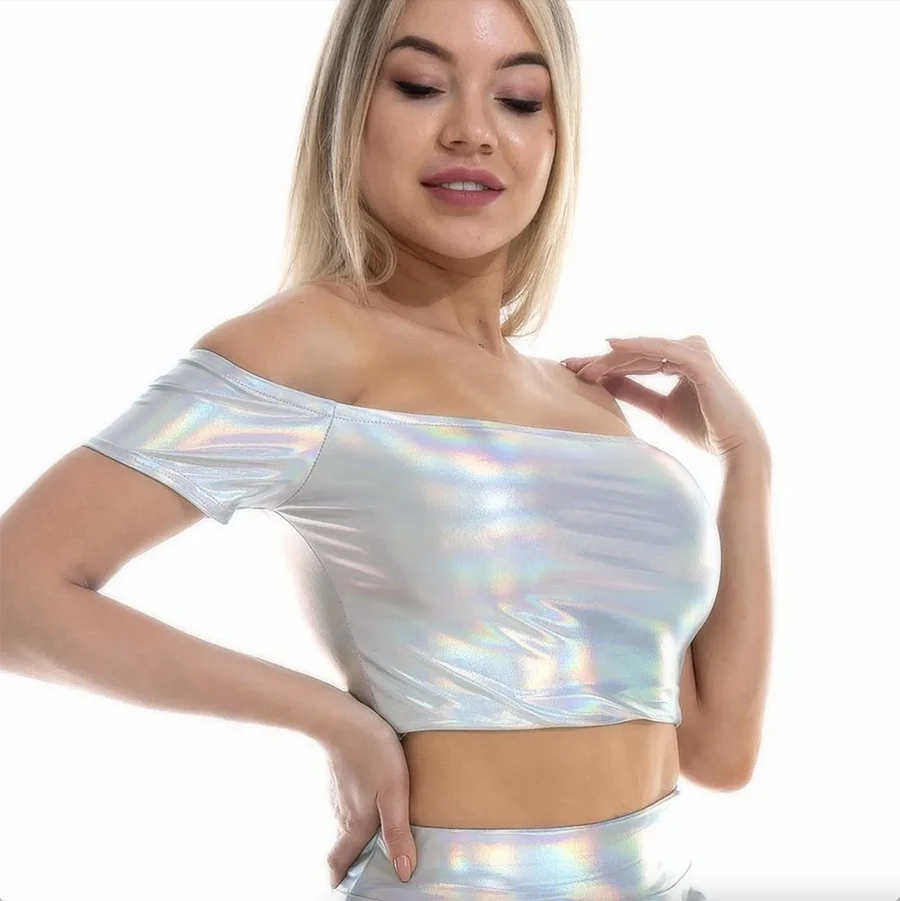 ผู้หญิงเซ็กซี่เงาแจ๊ส Belly Latin Dance เครื่องแต่งกายไม่มีรอยต่อด้านบนเงา Strapless เทศกาล Club Party Bandeau Crop Top ยืด