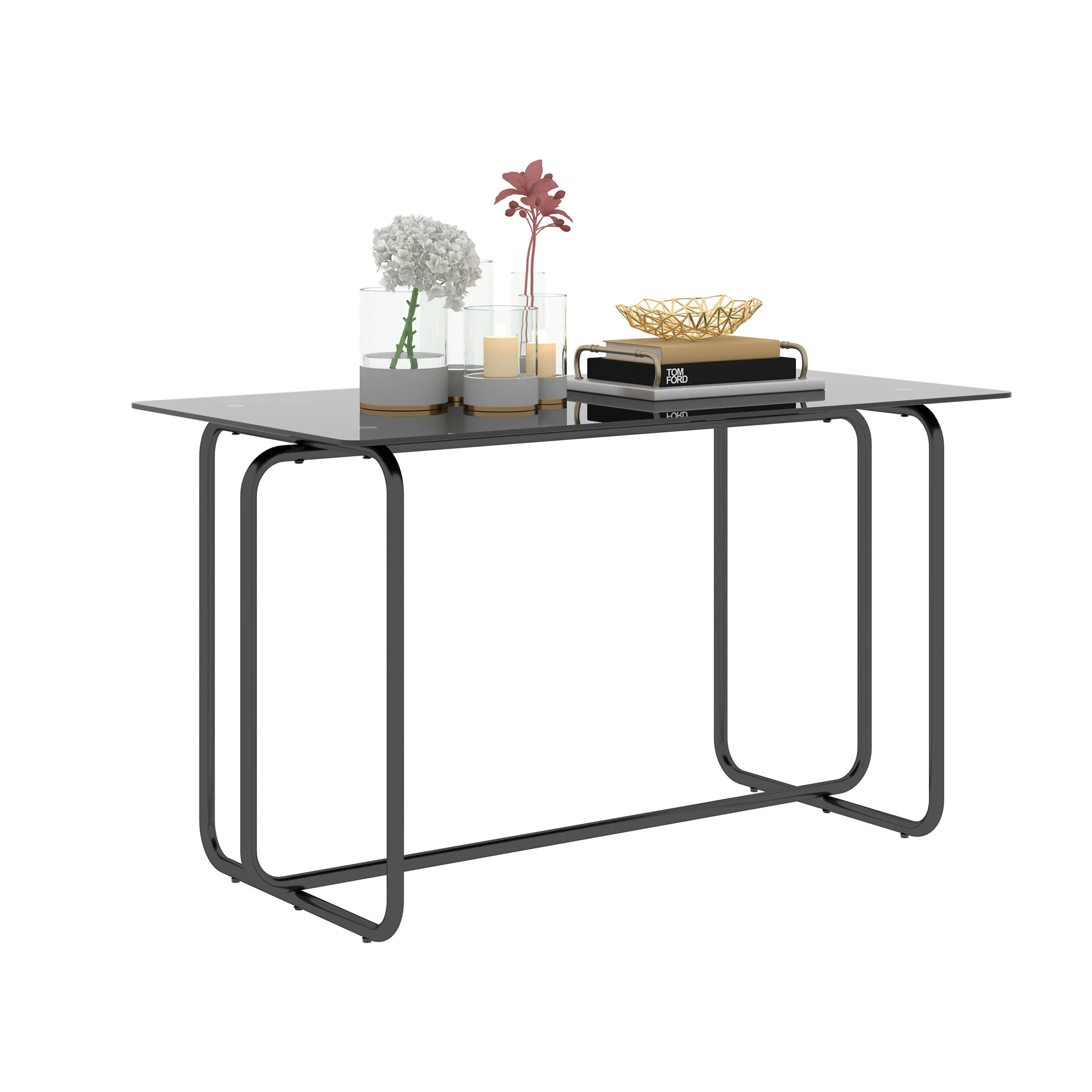 [Flash Sale]Rectangle Dining Table for 6 People Metal Frame Black/Transparent Tempered Glass Dining Table for Kitchen Room[US-W]