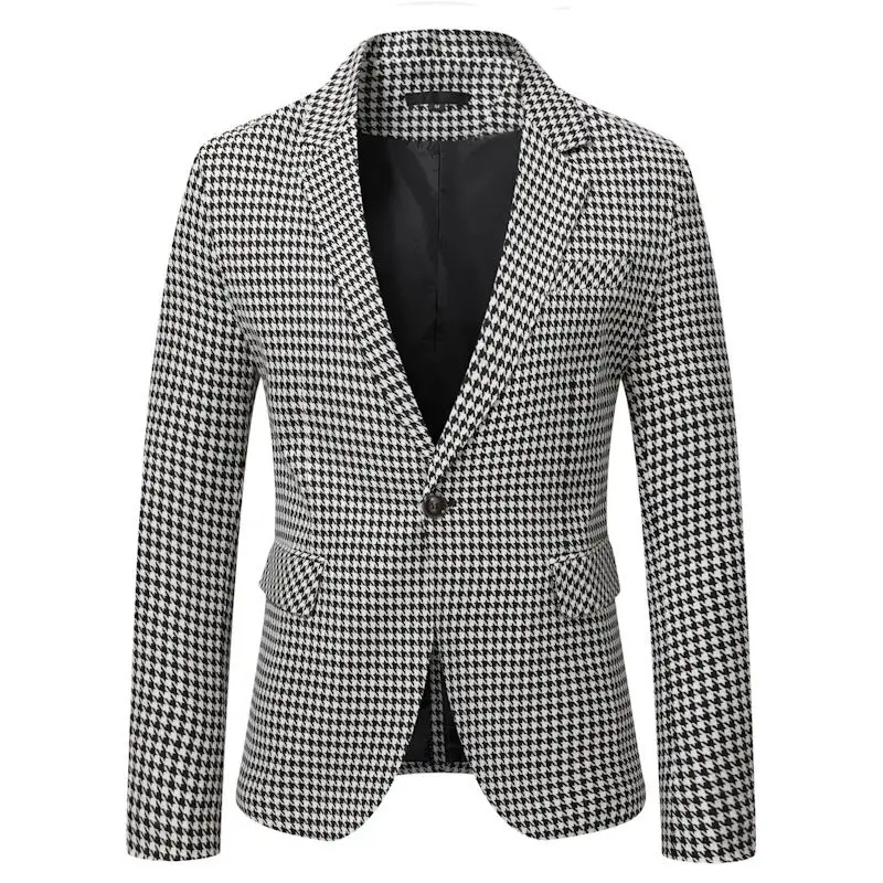 Houndstooth Wedding Blazer Men Gentleman Plaid Suit Jacket Casual Slim Fit Notch Lapel Coat Formal Business Male Only Blazer