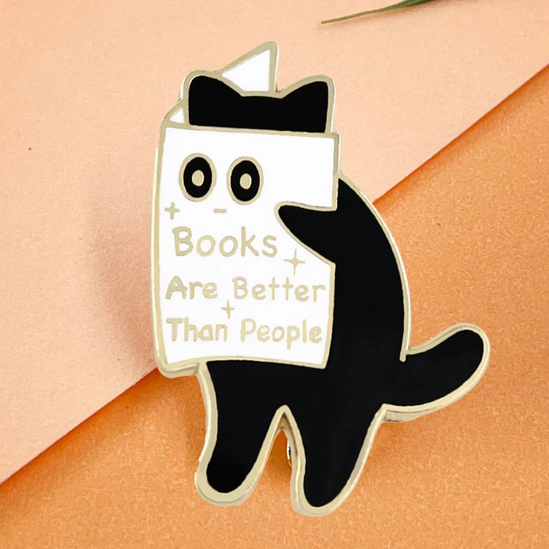 Books Are Better Than People Interesting Book Lover Brooch Reading Cat Badge Animal Letter Style Pin Clothing Bag Accessories
